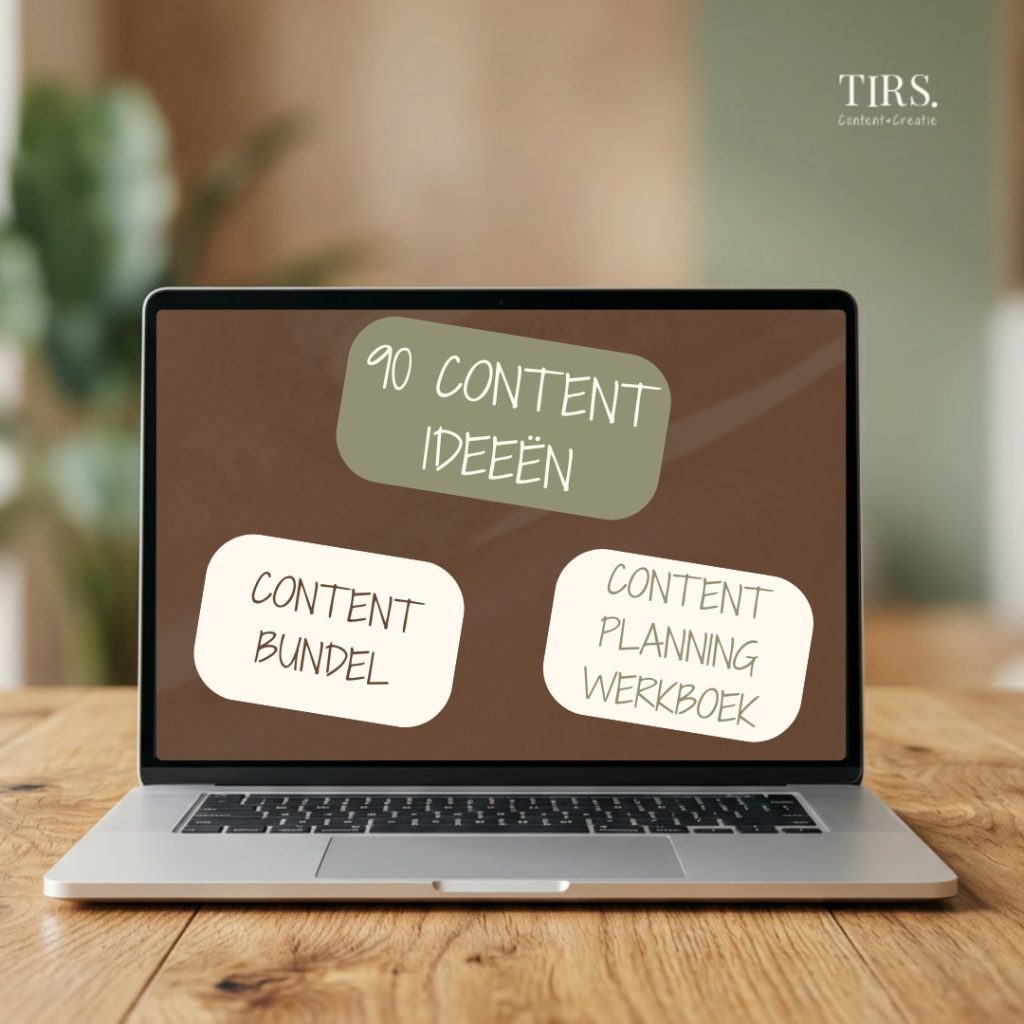 Laptop met content ideeën, contentbundel en planning werkboek van Tirs Content & Creatie